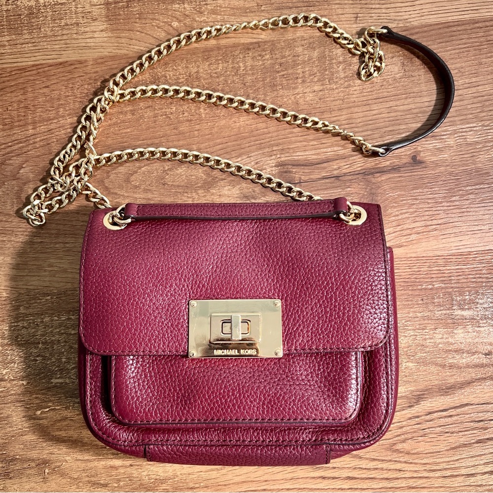 Michael Kors Burgundy Pebbled Leather Chain‎ Strap Crossbody Purse
